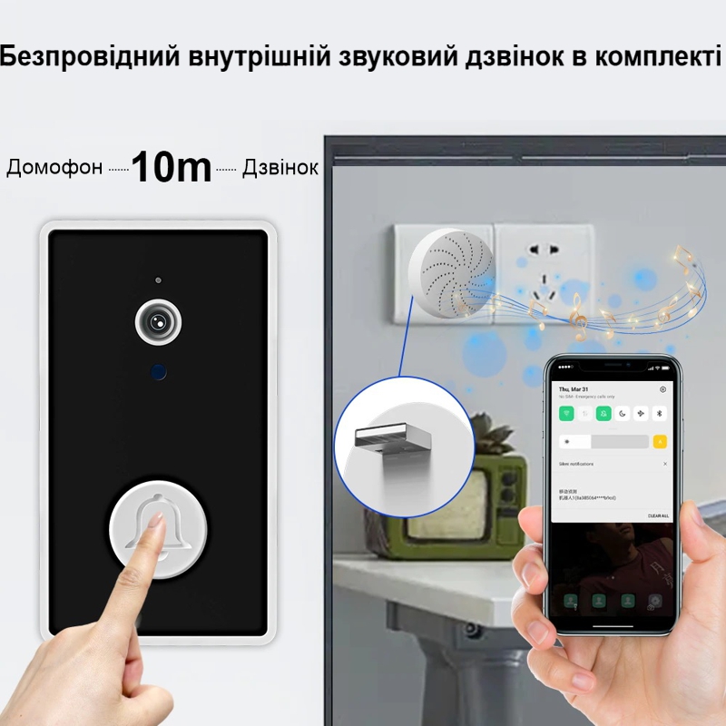 Відеодомофон Wifi на батарейках ААА з окремим бездротовим USB дзвінком Nectronix YE-B-01 — фото 8